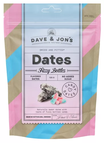 Dave & Jon's dates fizzy bottles mag nélküli ízesített datolya savanykás rágógumi ízben, hozzáadott cukor nélkül 125 g