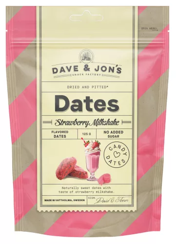 Dave & Jon's dates strawberry milkshake mag nélküli ízesített datolya epres shake ízben, hozzáadott cukor nélkül 125 g