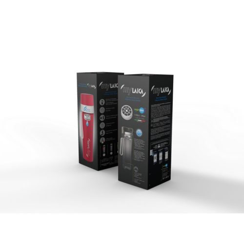 myLAICA rozsdamentes matt zöldre festett fast disk rendszerű vízszűrő kulacs pánttal, 0,55 literes