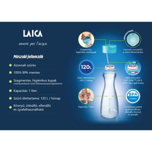 myLAICA rozsdamentes matt bézsre festett fast disk rendszerű vízszűrő kulacs pánttal, 0,55 literes